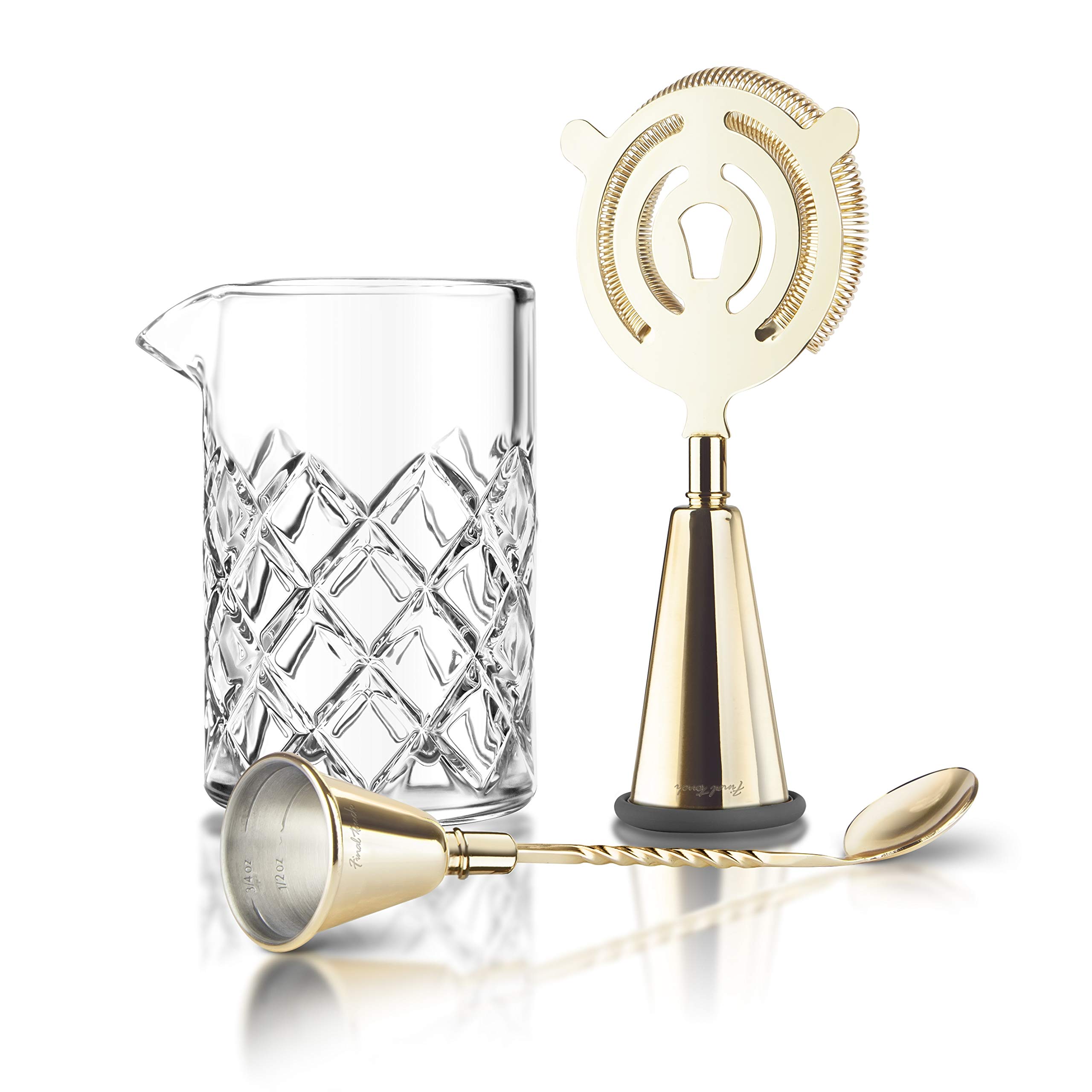 Final Touch Brass Cocktail Mixing Set Multi-Function Essential Tools for Making, Pouring, Stirring and Straining Includes Glass Yarai Mixing Pitcher, Jigger Strainer, Jigger Spoon - Premium Gift Set