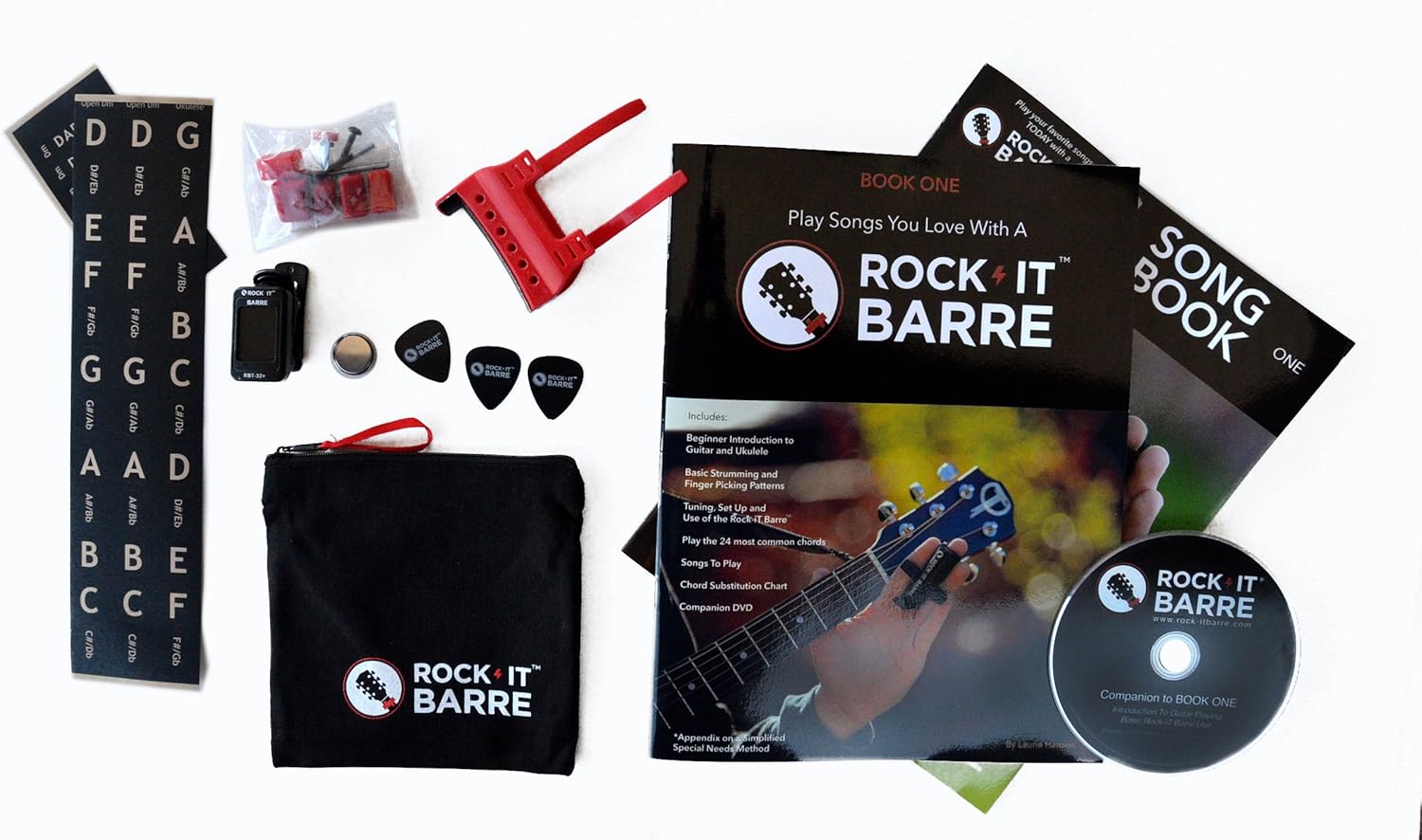 Rock-iT Barre Guitar Chord Device Beginner Package, Instructional Manual & DVD, Songbook, Clip-on Chromatic Tuner, W/Brown Stickers - Use On DARK OR ALL INSTRUMENT NECKS (Red Device)