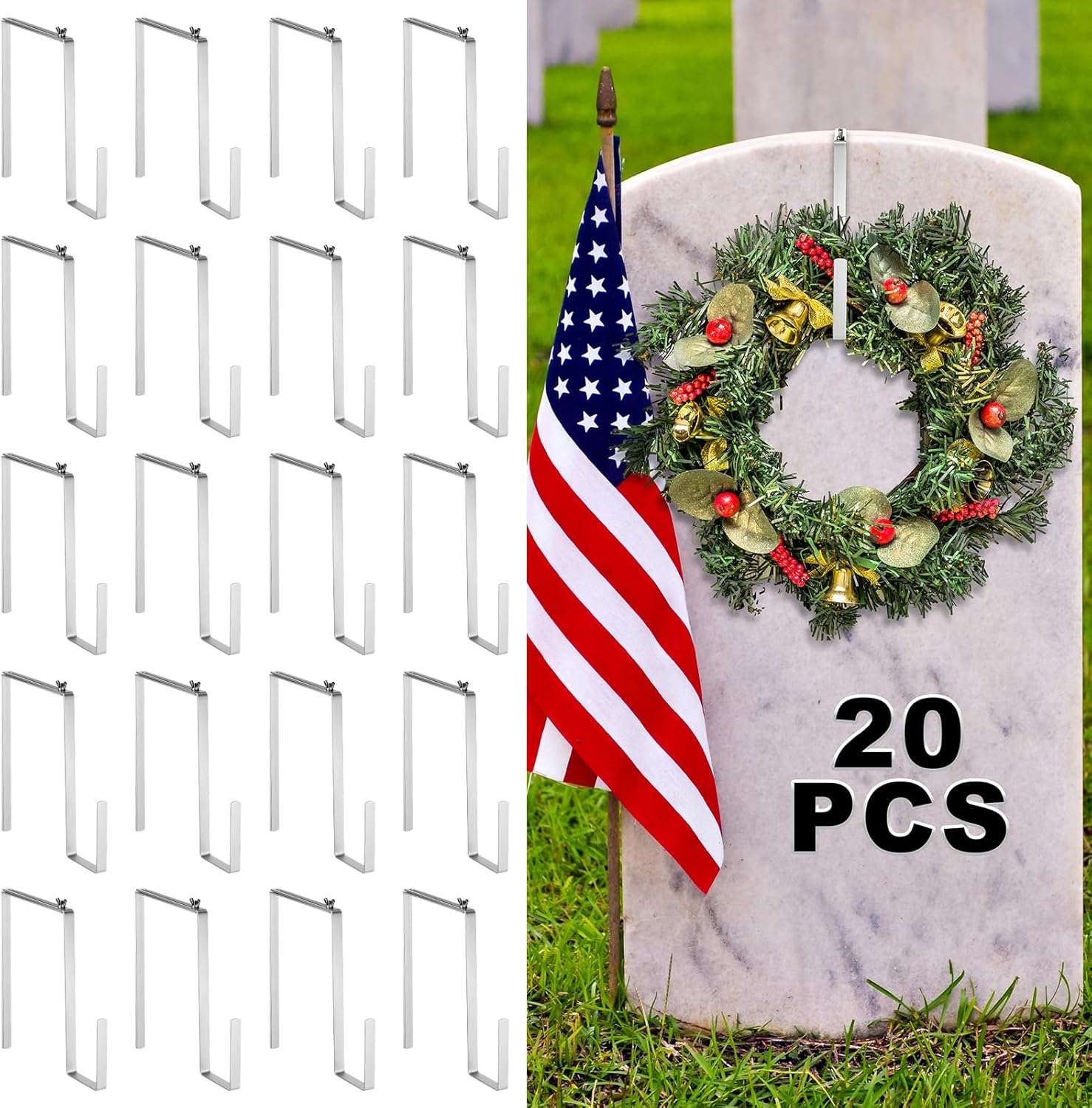 Wreath Hangers - Hicarer 20 Pcs Christmas Headstone Wreath Hanger Adjustable Cemetery Tombstone Wreath Holder Gravestone Aluminum Wreath Hook for Grave Marker Memorial Day Decorations, 6.3-11.22 Inches