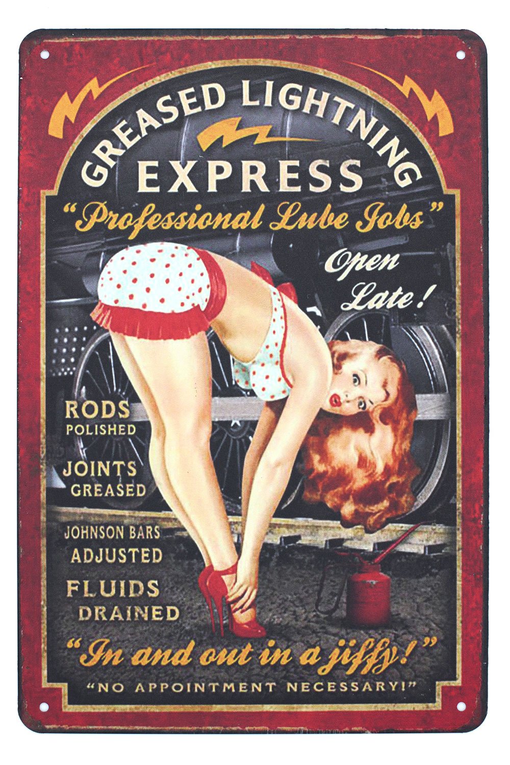 Hioni Pin-up Girl Greased Lightning Express, Metal Tin Sign, Vintage Plaque Wall Decor