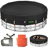 QH.HOME 550D 15 Ft Round Winter Pool Cover Tear Resistant Heavy Duty Fabric | Pre-installed winch and rope ensure snug fit with windproof outdoor protection, fits 15 ft round above ground swimming pools