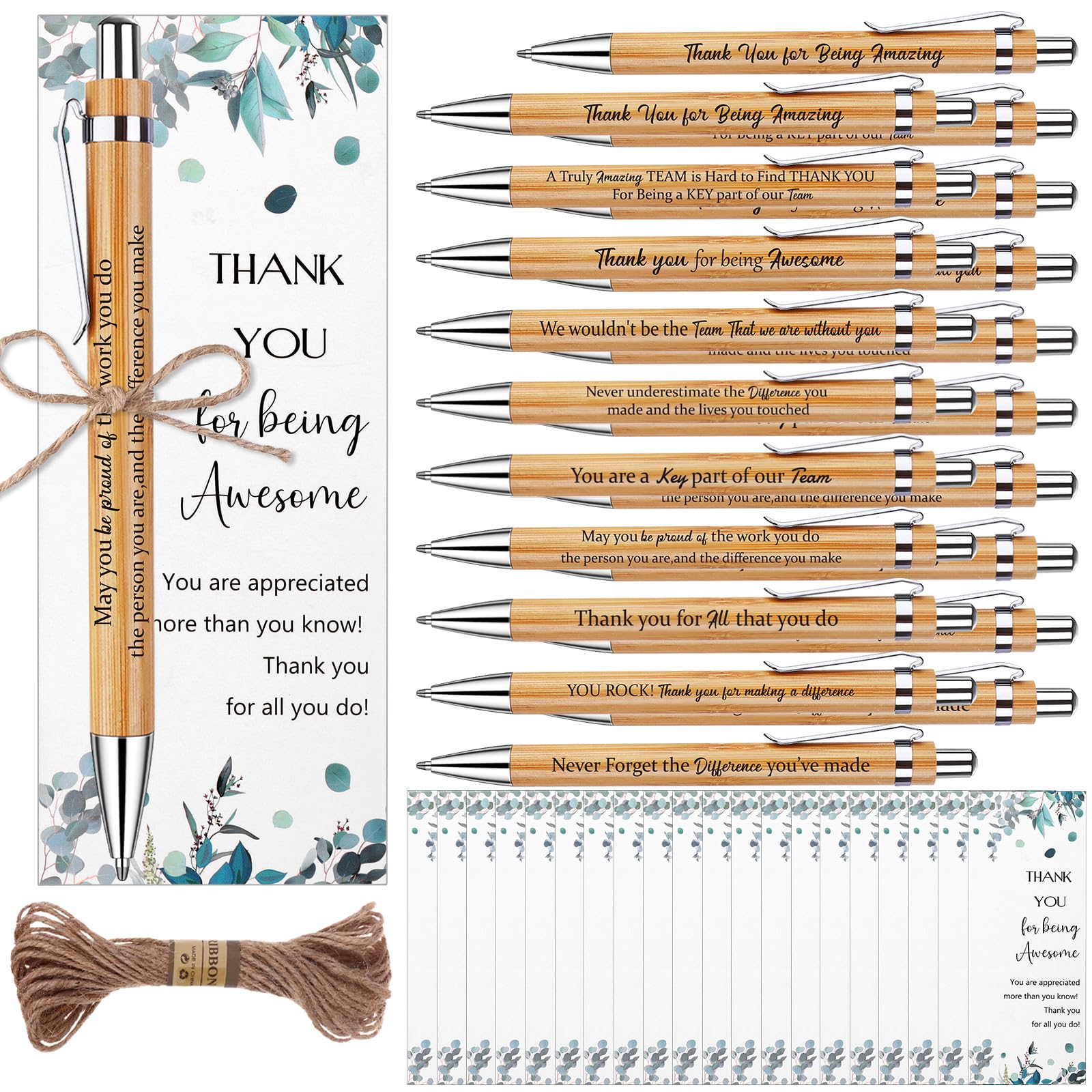 20 Sets Employee Appreciation Gifts Bulk Includes Thank You Wood Bamboo Ballpoint Pens Inspirational Cards with Twine Motivational Quotes Encouraging Pen for Colleagues Office School