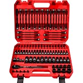 112-Piece Torx and Allen Bit Socket Set, 1/4", 3/8",1/2" Drive Bit Socket Set with Quick-Release Ratchet Wrench, Adapters, Extra long torx/Tamper proof torx/Hex/Ball End Hex/E-Trox,SAE/Metric,S2 Steel