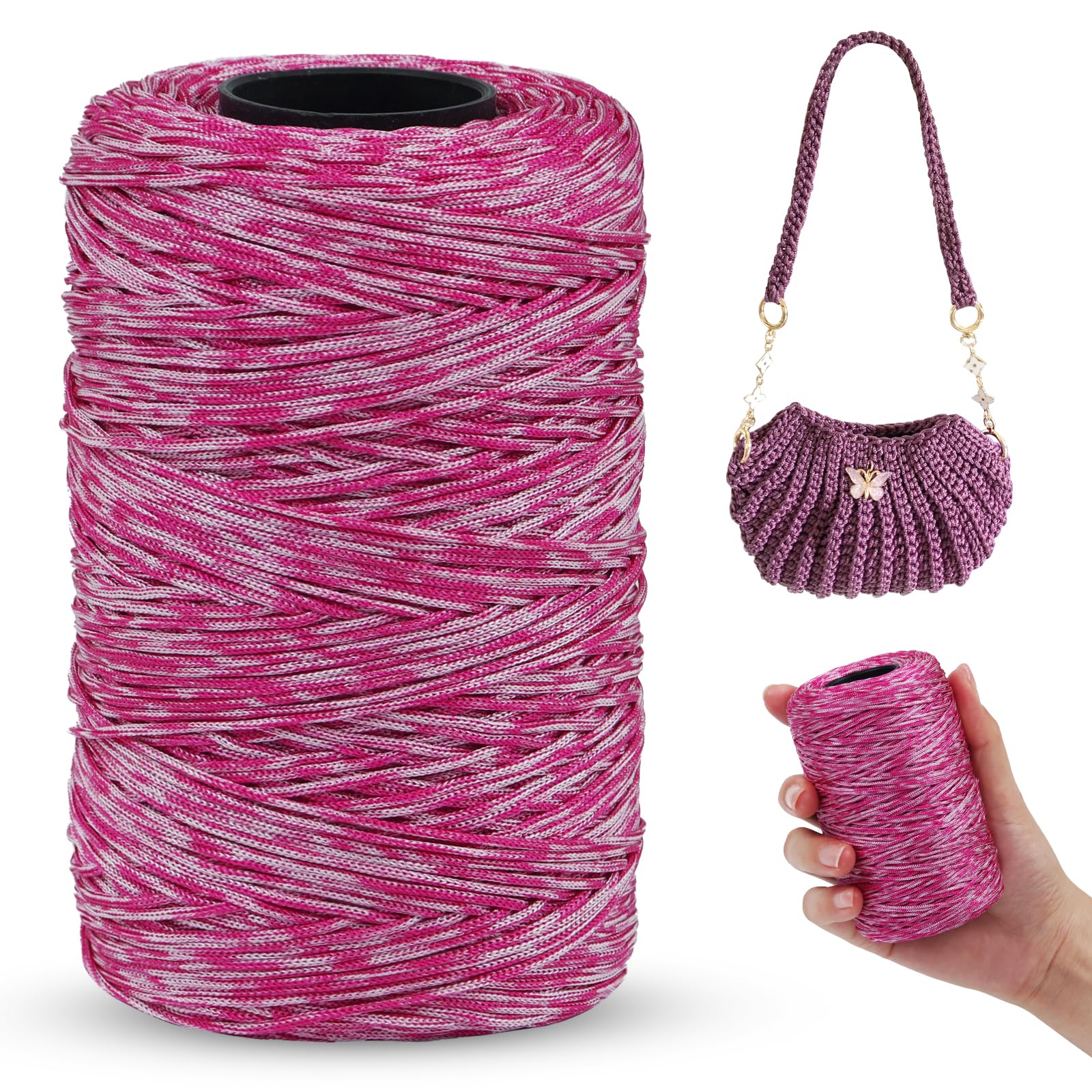 LEREATI Polyester Macrame Cord 1mm x 230m, Polyester Yarn for Crocheting, Braided Polypropylene Crochet Bag Cord Macrame Yarn for Handbag, Beading, DIY Crafts (White-Pink)