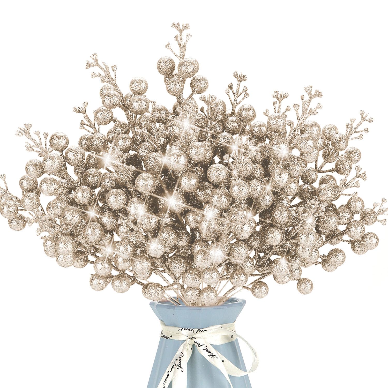 Kunjocy 12 Pcs Christmas Artificial Glitter Berries Stems Christmas Tree Stems with Powder Sequins Xmas Berry Picks Floral Decoration Craft for DIY Xmas Crafts Wreath Garland Home Decor (Champagne)