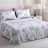 LONAVA Floral Queen Size Bed Sheet Set, 6 Piece, Deep Pocket Taro Purple Fitted Sheet, Comfy & Breathable Patterned Flat Sheets, Premium Microfiber, Tropical Botanical Verdure Printed
