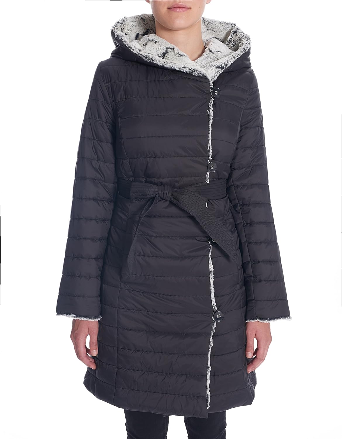 Novelti Ladies Belted Faux Fur Lined Quilted Coat (XSamll, Black