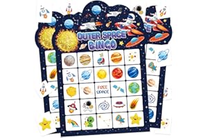 Leezead Space Bingo Game, 24 Players Outer Space Bingo Cards for Birthday Party Family Friends Large Group Activities