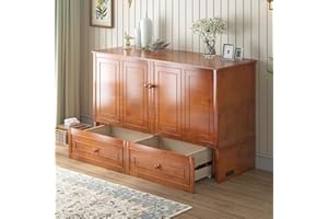 CECER Queen Size Cabinet Murphy Bed, Cabinet Bed with Foldable Foam Mattress, Space-Saving Cube Murphy Bed with USB Charging Station and Large Storage Drawer-Cherry