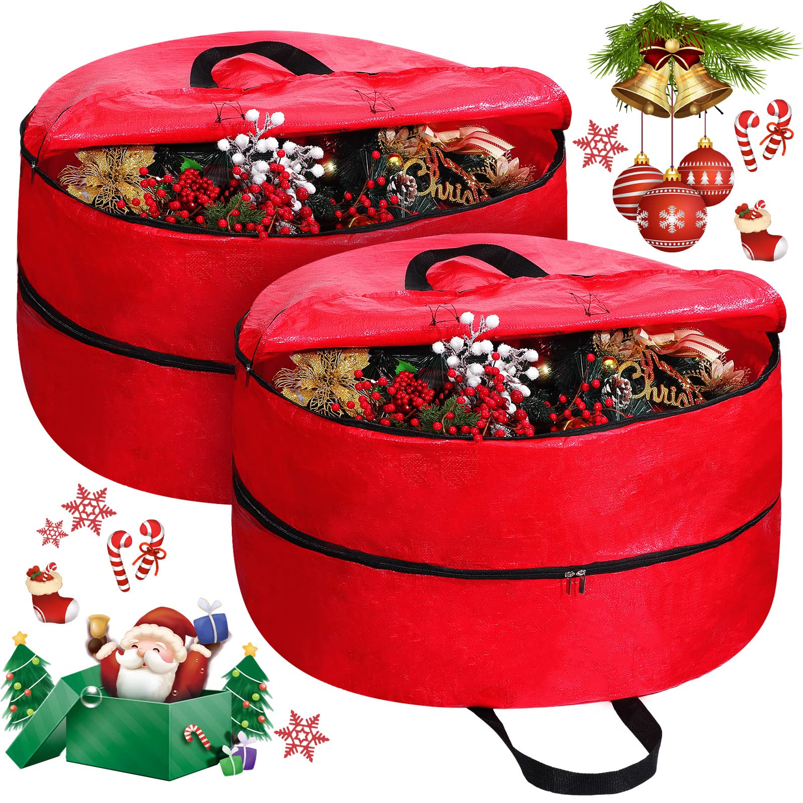 Photo 1 of Hoolerry Double Layer Christmas Wreath Storage Container Bags Double Wreath Storage Container Zippered Bag with Handle Festive Storage Box Storage for Xmas Garlands, Red(2 Pcs,30 Inch)