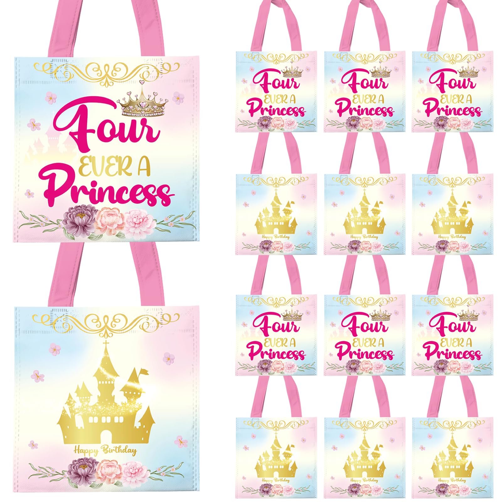 Photo 1 of 20Pcs Four Ever a Princess 4th Birthday Gift Bags, Princess Party Favor Non-woven Bags Castle Candy Goodie Bag Pink Princess Gift Bag for Girl Birthday Party Supplies