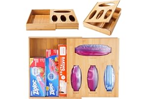 FUBEGI Ziplock Bag Organizer, Bamboo Expandable Plastic Stretch Film Dispenser Organizer for Gallon, Quart, Sandwich, Snack Bags, Food Storage Bag Organizer for Kitchen Drawer Fit 13'' Roll Variety Size Bags