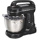 Hamilton Beach Electric Stand Mixer, 4 Quarts, Dough Hook, Flat Beater Attachments, Splash Guard 7 Speeds with Whisk, Black w