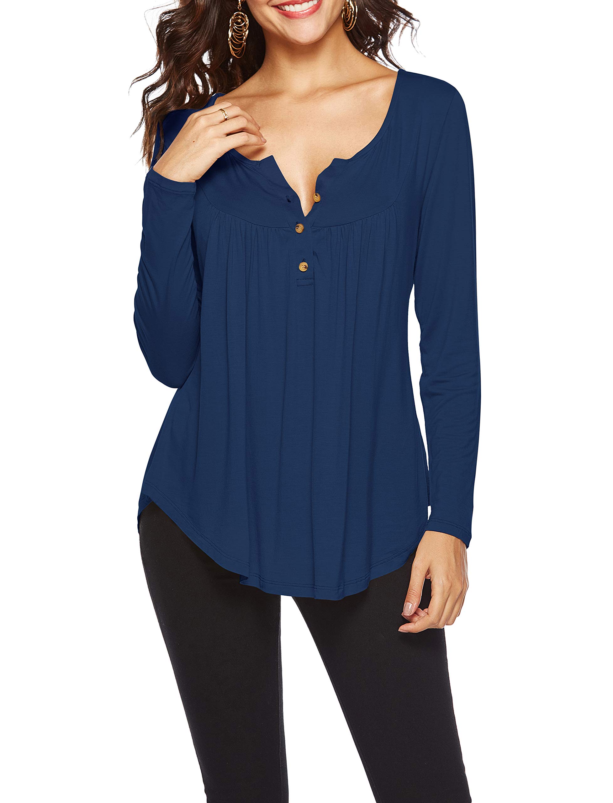 AMCLOS Womens V Neck T-Shirts Swing Ruffle Tops Button up Tunic Blouses Casual Henleys Short/Long Sleeve (Large, Long-Royal Blue)