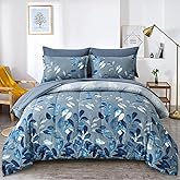 Anibedding Blue Comforter Set Queen Size 7 Piece Navy Botanical Gradient Leaves Ultra Soft Microfiber Down Alternative Bedding Set Lightweight Reversible Bed Comforter Set for All Season 90" x 90"