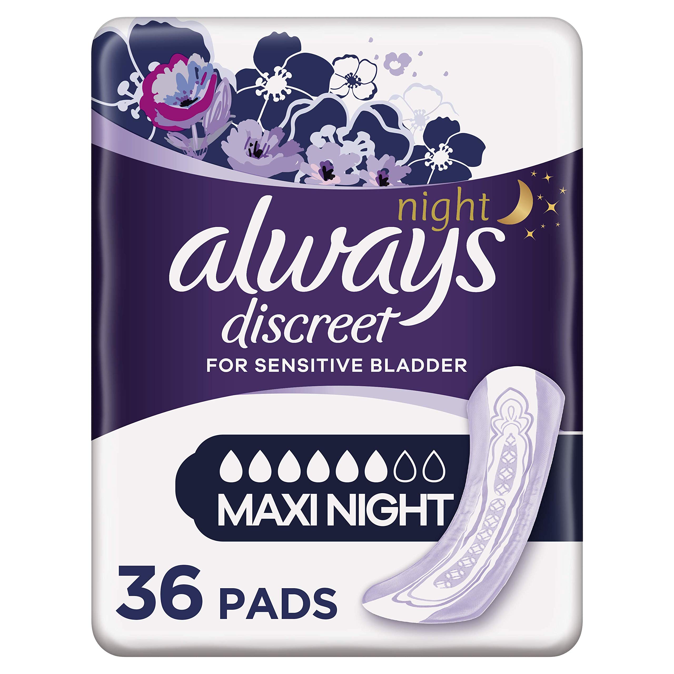 Always Discreet Incontinence Pads for Women, Maxi Night Pads, 36