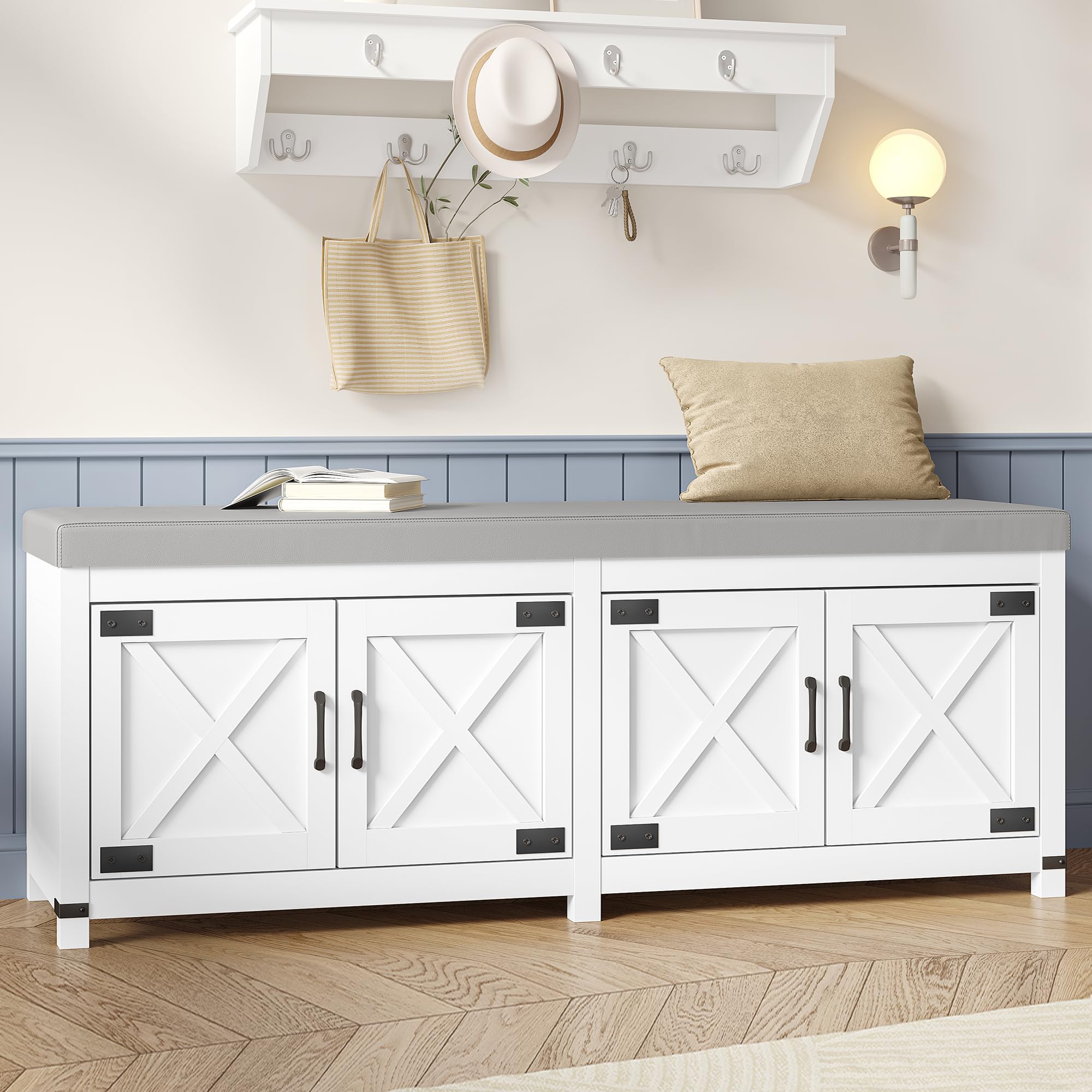 Photo 1 of **NON RETURNABLE**
**NON REFUNDABLE**
**ITEM DAMAGED**


Hzuaneri Shoe Storage Bench, 2 Tier Shoe Bench with Padded Seat Cushion & 4 Barn Doors, Entryway Bench with Adjustable Shelf, Farmhouse Shoe Cabinet for Living Room, Bedroom, White SB31203GY