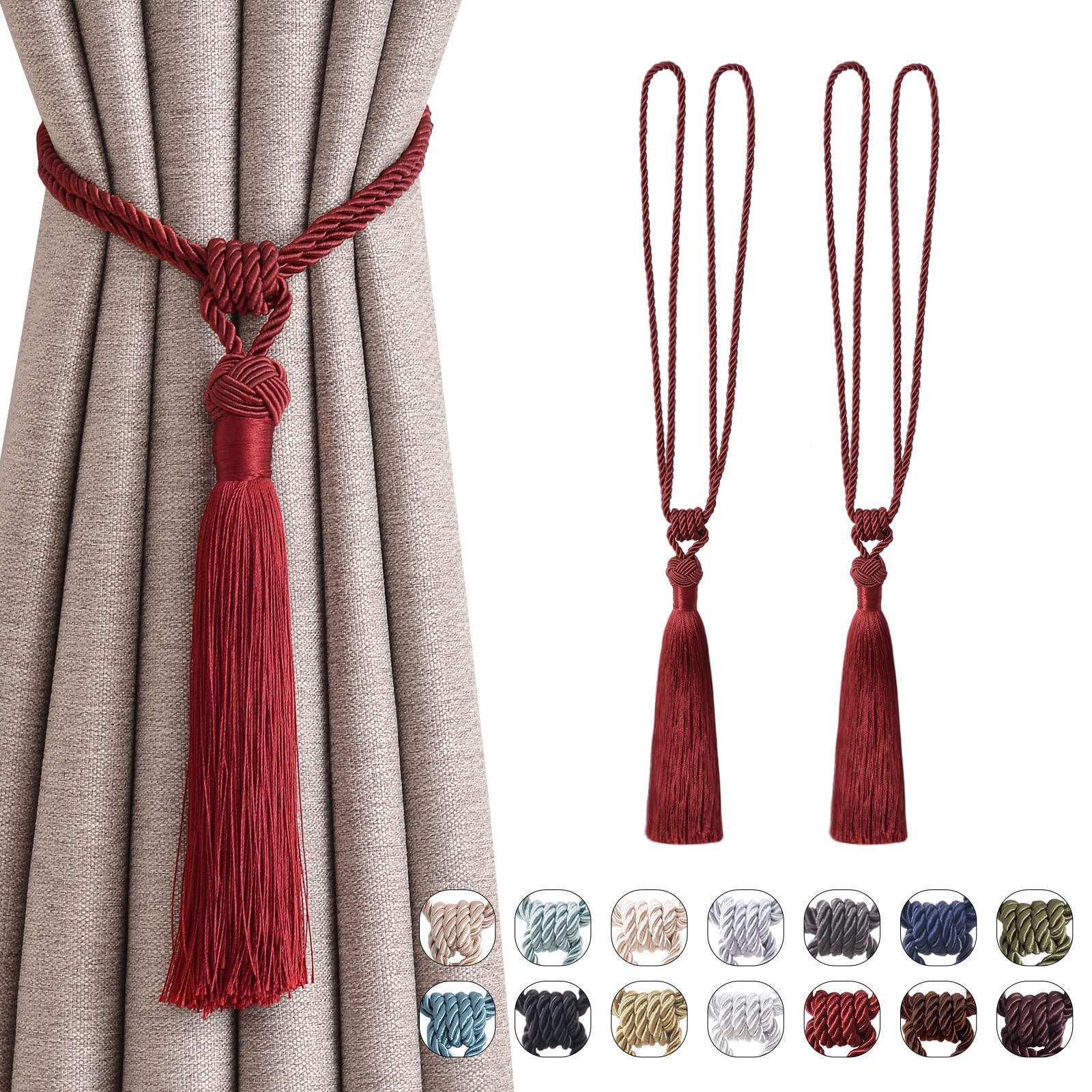 Pretty Jolly 2 Pack Long Tassel Curtain Tiebacks Handmade Braided Rope Knot Drape Tie Backs European Style Decorative Curtain Holdbacks for Home & Office Window Drapery (Wine Red)
