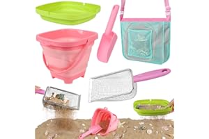 FHOZGECY Beach Toys, Sand Toys with Collapsible Beach Bucket, Sand Sifter, Beach Mesh Shovel, Shark Tooth Sifter and Mesh Bag for Shell Collecting, Sand Dipper Beach Scoop for Kids Adults Boys Girls
