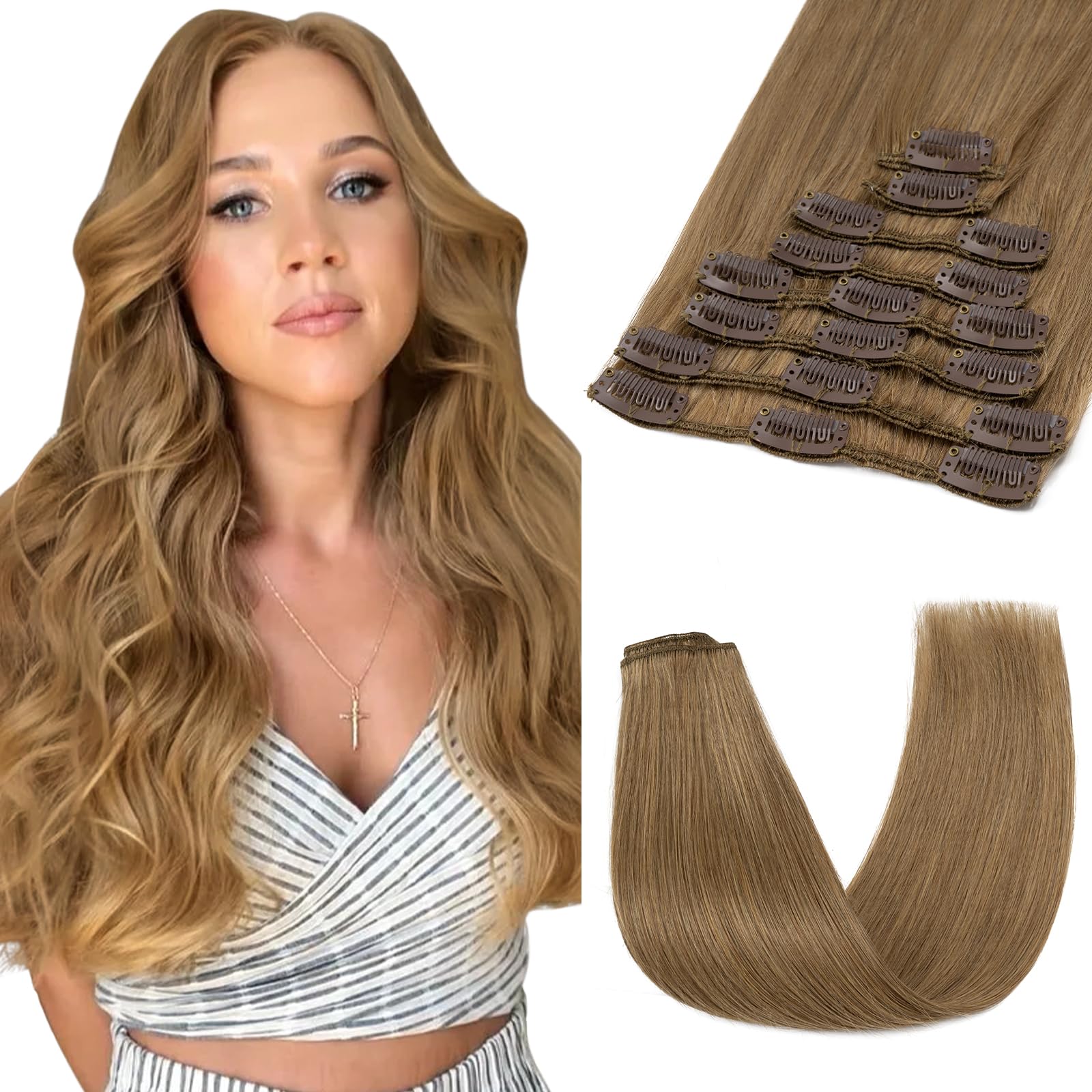SEGOHAIR 8 PCS Hair Extensions Clip in Real Human Hair, 12 inch Thin Full Head Human Hair Extensions Straight - Chestnut Brown (55g) — image 1