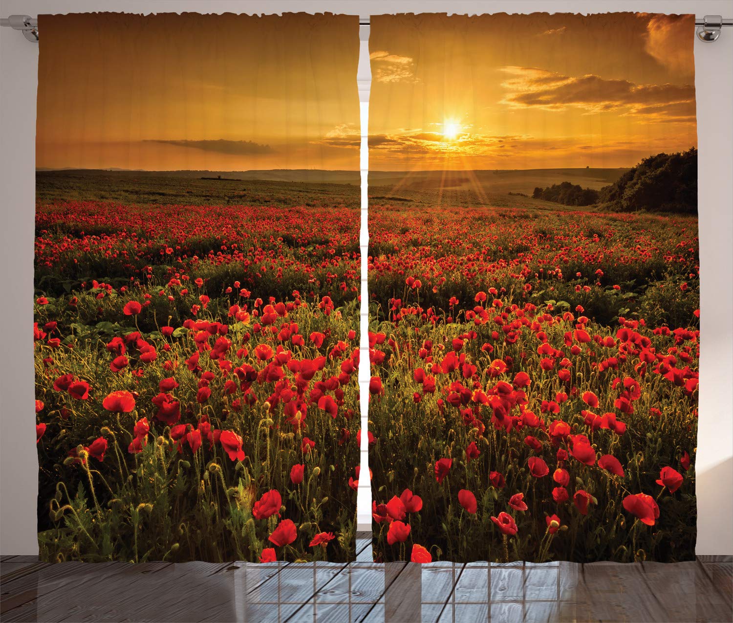 ABAKUHAUS Flower Curtains, Poppy Field at Sunset Sun Beams Meadow Cloudscape Wildflower Scene, Living Room Bedroom Window Drapes 2 Panel Set, 280 x 175 cm, Marigold Scarlet