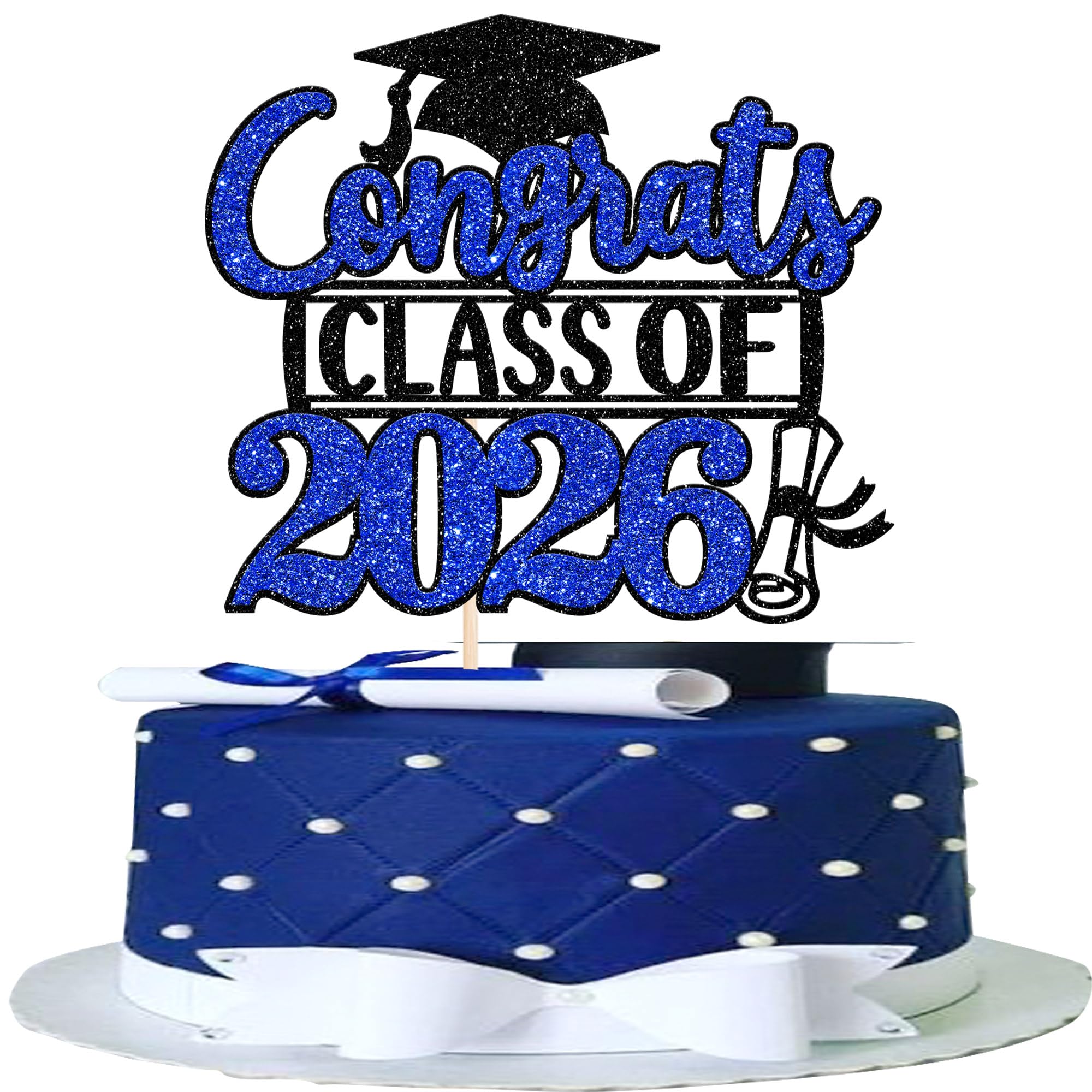Xsstarmi 1 Pack Glitter 2026 Graduation Cake Topper Congrats Class of 2026 Grad Cap Diploma Cake Pick Decorations for Congrats 2026 Graduation Theme Party Cake Decorations Blue Black