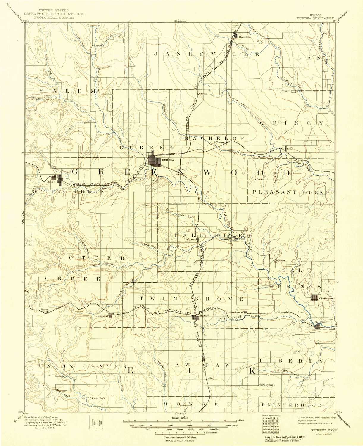 YellowMaps Eureka KS topo map, 1:125000 Scale, 30 X 30 Minute, Historical, 1894, Updated 1949, 20 x 16.28 in