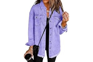 Vetinee Women’s Oversized Button Up Frayed Hem Shacket Long Sleeve Pockets Denim Jean Jacket