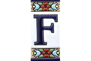 ART ESCUDELLERS Signs numbers and letters. Ceramic tiles hand-painted with dry rope technique (cuerda seca). Names, directions and signage. FLORES MINI drawing 7.3 cm x 3.5 cm. (LETTER "F")