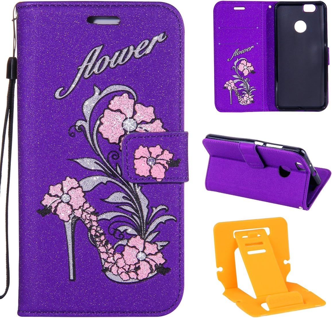 Case Huawei Nova plus Flip, Huawei Nova plus Leather Cover, Huawei Nova plus 3D Painting Funny Cute Clear Glitter Flowers & High heels Pattern Wallet Bookstyle Flip PU Leather Case (With Hand Strap & Card Slots), Ekakashop Fashion Glitter Sparkle Shell Soft Silicone Rubber Stand Cover Shockproof Full body Protective Case Cover for Huawei Nova plus with 1x Ekakashop Kickstand (color random), Purple