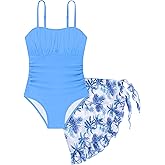 Glaoly Girls Swimsuits One Piece Ruched Solid Color with Floral Printed Cover Up Skirt Girls Bathing Suits