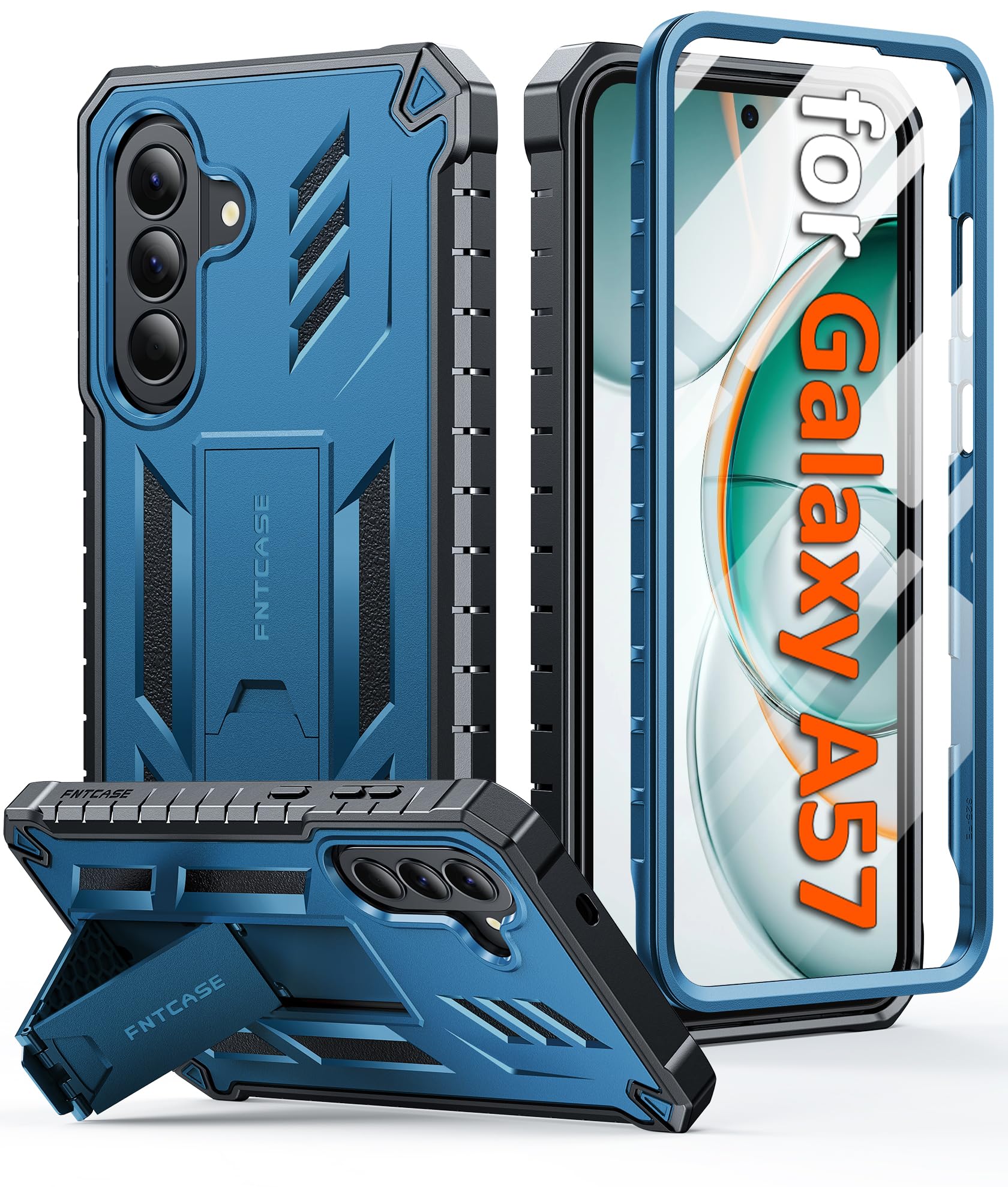 FNTCASE for Samsung Galaxy A57 Case: Military Grade Heavy Duty Protective Phone Cover with Built-in Screen Protector & Kickstand Rugged Grip Bumper Shockproof Cases Blue