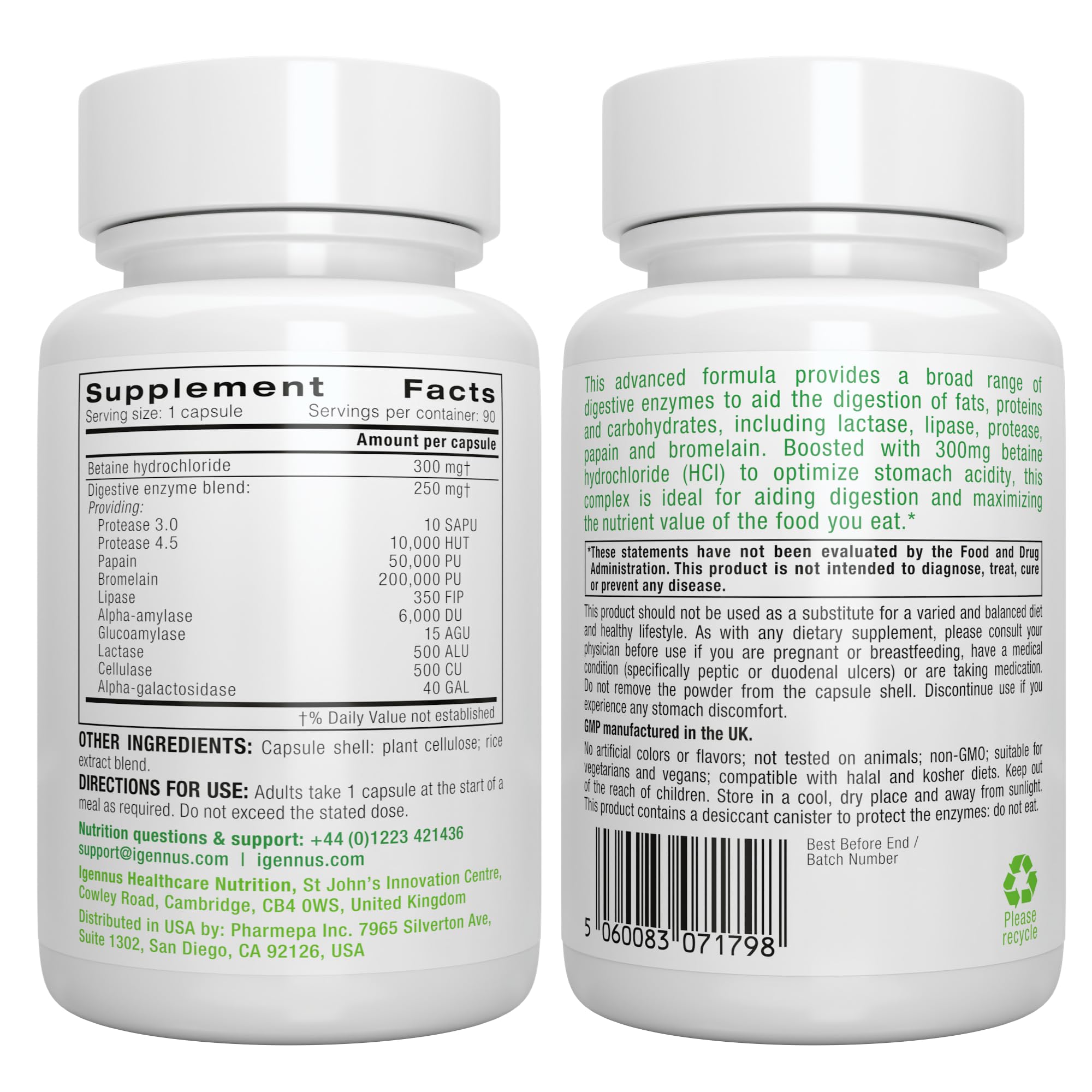 Igennus Fast Action Digestive Enzymes & Betaine HCl, 10 Broad Spectrum Enzymes with Protease, Lipase & Lactase, Papain & Bromelain, Plant-Based Vegan, Clean Label, for Women and Men, 90 Capsules