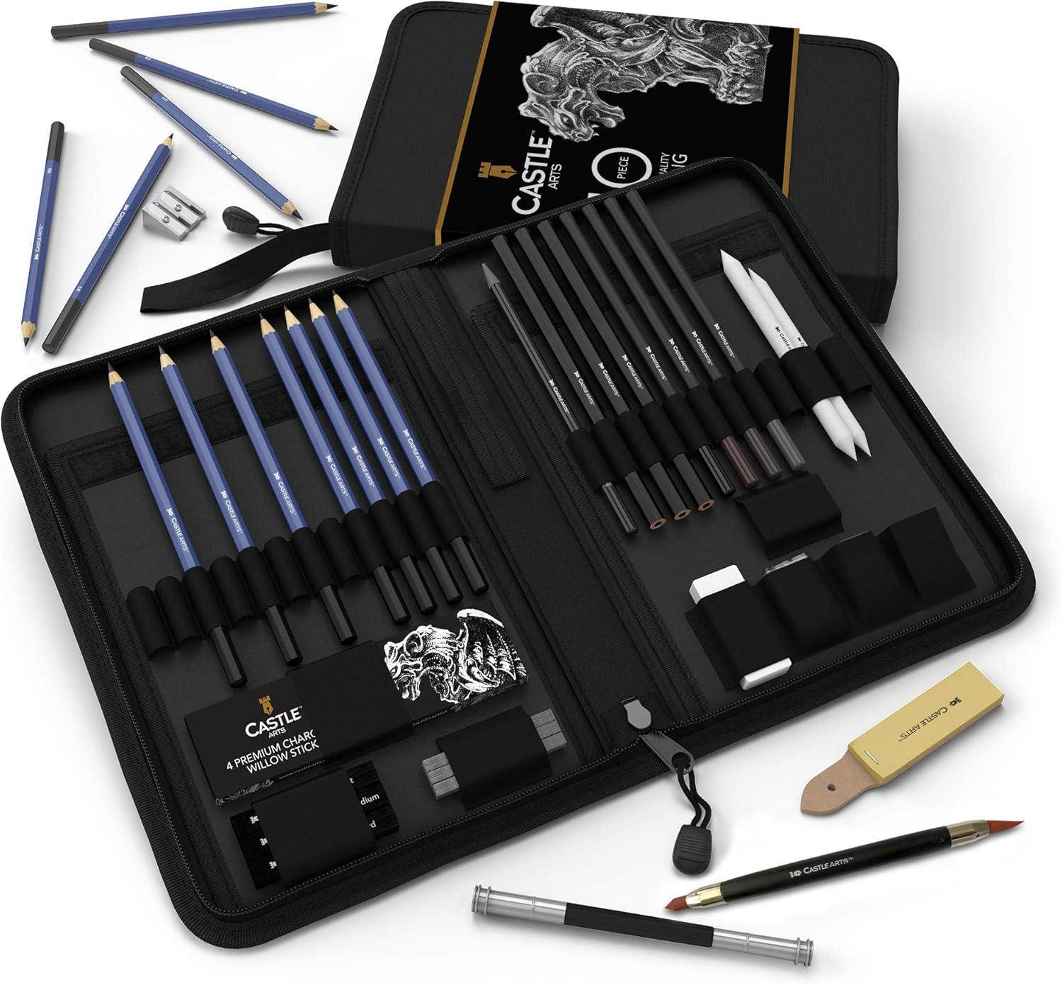 Castle Art Supplies Graphite Drawing Pencils and Sketch Set (40-Piece Kit), Complete Artist Kit Includes Charcoals, Pastels and Zippered Carry Case, Includes Rare Pop-Up Stand