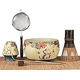 GleeNflux 7-Piece Matcha Set with Matcha Bowl, Bamboo Whisk (Chasen) & Holder, Sifter, Tea Scoop & Rest, Special Bamboo Tea Mat - Perfect Matcha Kit for Matcha Lovers & Gift Giving, Kitty Pattern