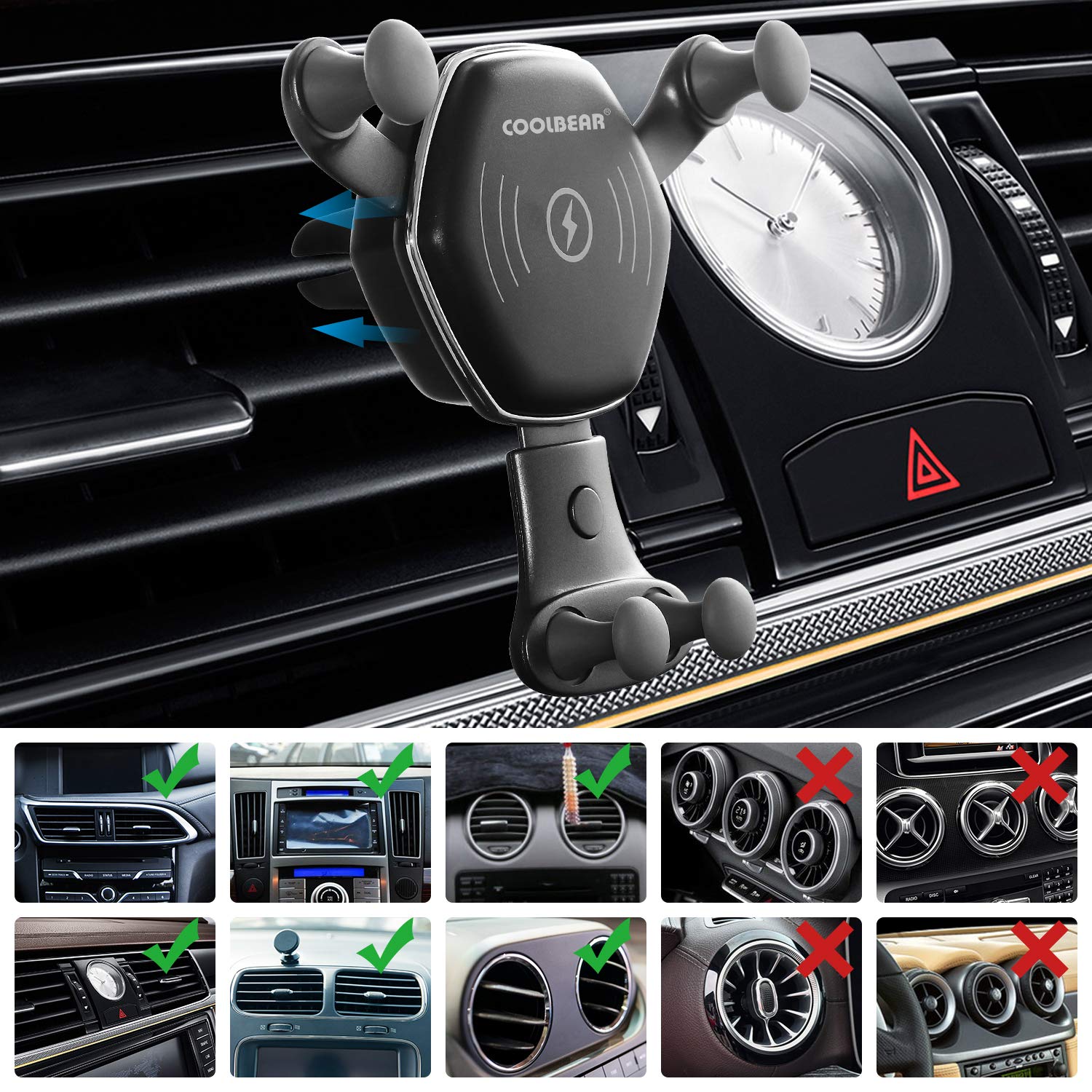 Wireless Car Charger Mount, COOLBEAR Adjustable Qi Gravity Air Vent Phone Holder for iPhone Samsung Nexus LG and All Smartphone Qi Certified