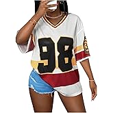 BEAUDRM Women's Jersey Shirts Striped Color Block T Shirt Half Sleeve Drop Shoulder Oversized Tee Tops