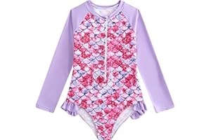 JiAmy Girls Swimsuit Kids Mermaid One-Piece Bathing Suit Swimwear for Toddler Long Sleeve Rash Guard for 3-12 Years