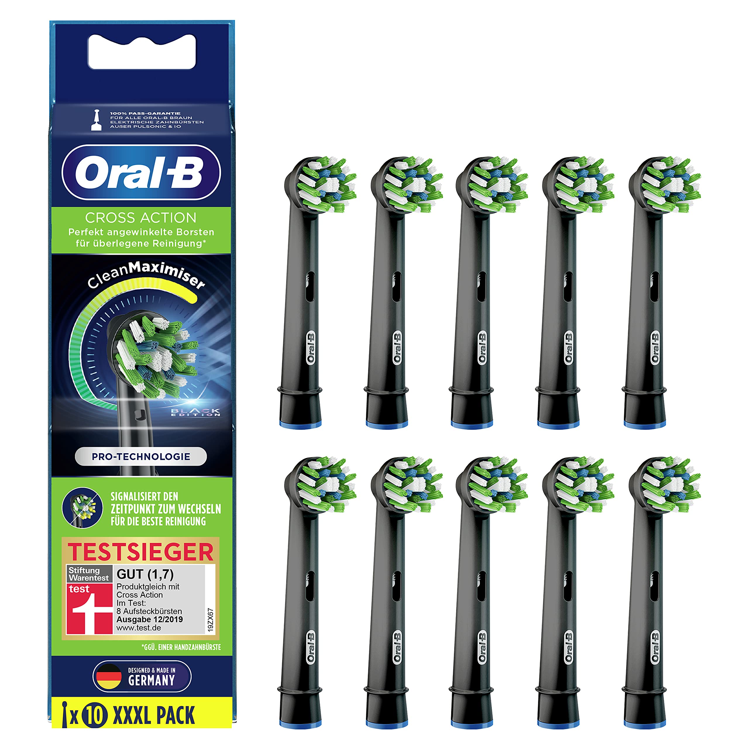 Oral-B CrossAction Black Edition Toothbrush Heads with CleanMaximiser Bristles for Superior Cleaning Pack of 10