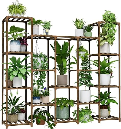 Bamworld Plant Stand Indoor Wooden Multi level 12 Pot Shelf Decor