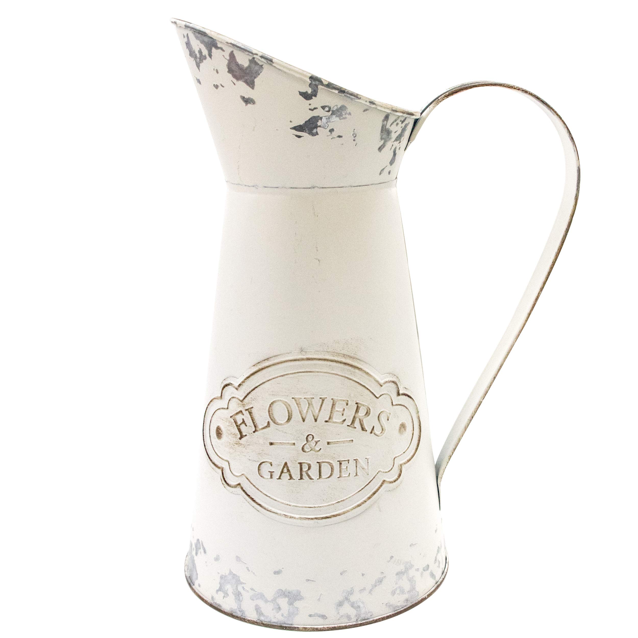 Soyizom French Country Style Vase Primitive Jug, Rustic Decor Flower Vase Shabby Chic Water Jug Can Tin Pot Metal Farmhouse Pitcher Vase for Wedding Party home Decoration，White-pitcher/11"-Large