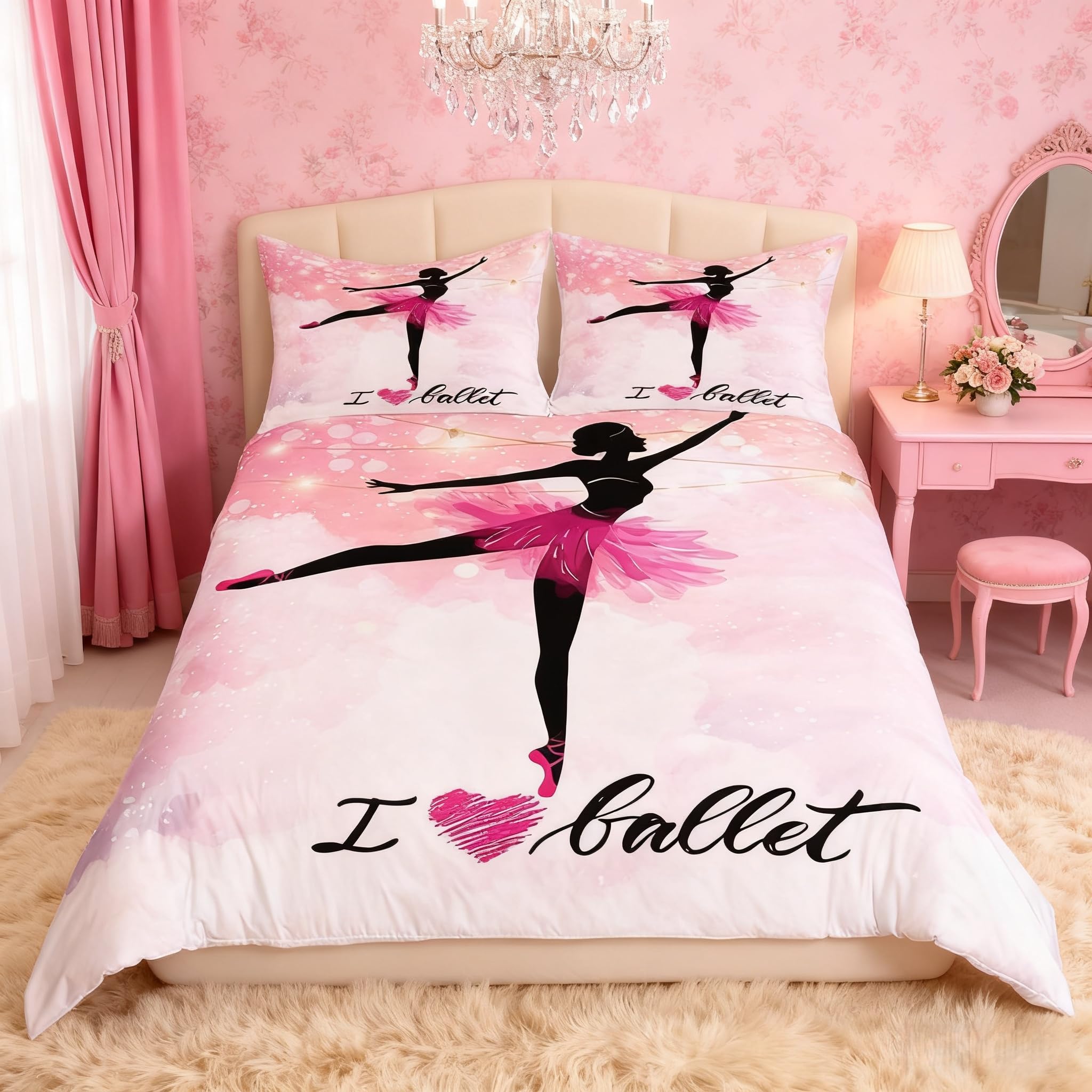 Ballerina Duvet Cover Set Double Size, Cute Ballet Dancer Comforter Cover with 2 Pillowcases, Performing Arts Bedding Set 3pcs for Kids Girls Teens Bedroom Decor, Pink Glitter Bedspread Cover โ image 1