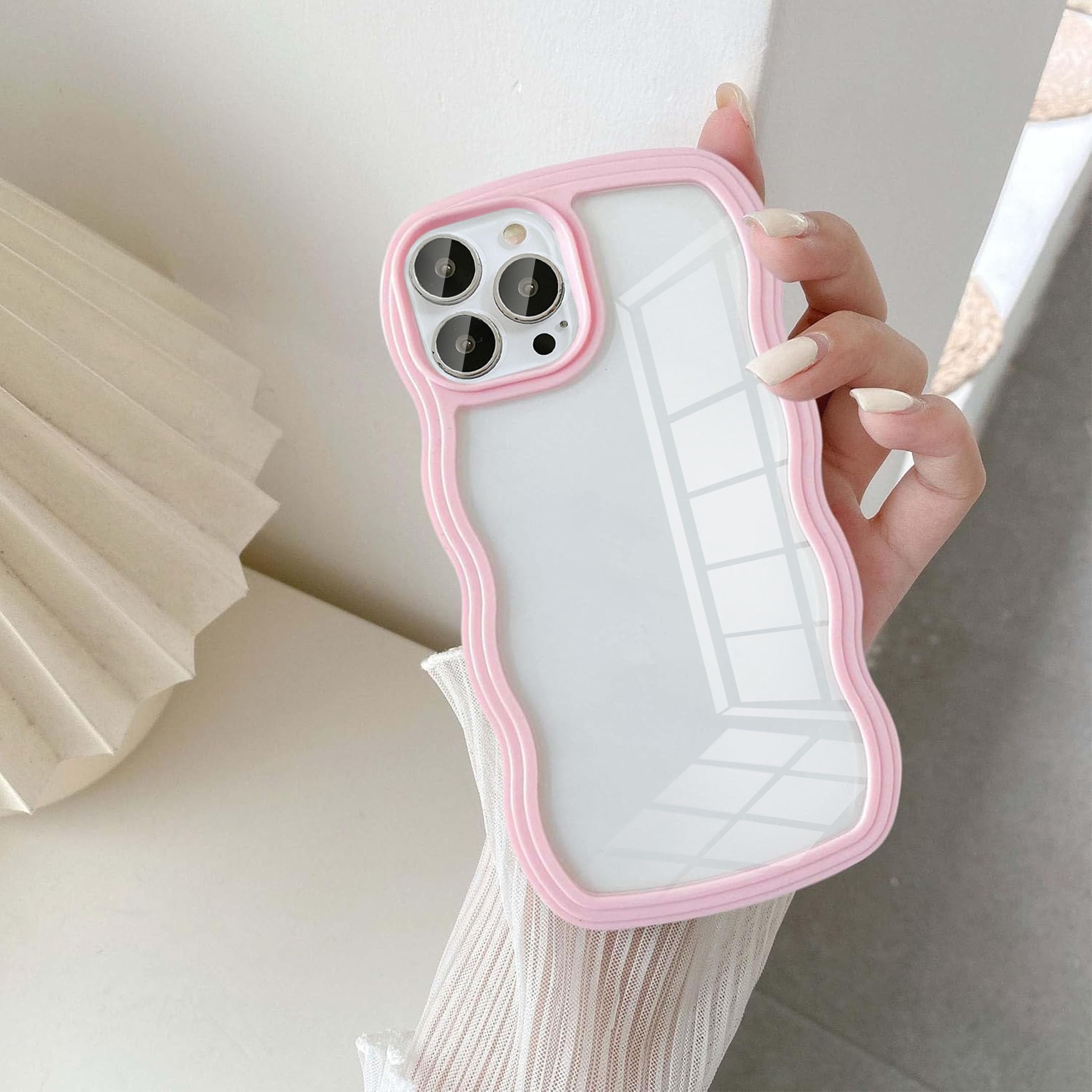 UEEBAI Case for iPhone 12 Pro Max 6.7 inch Phone Case, Clear Cute Simple Wave Frame Curvy Slim Fit Shockproof Protective Phone Bumper Cover Translucent Soft Pretty Anti-Scratch TPU Case - Pink