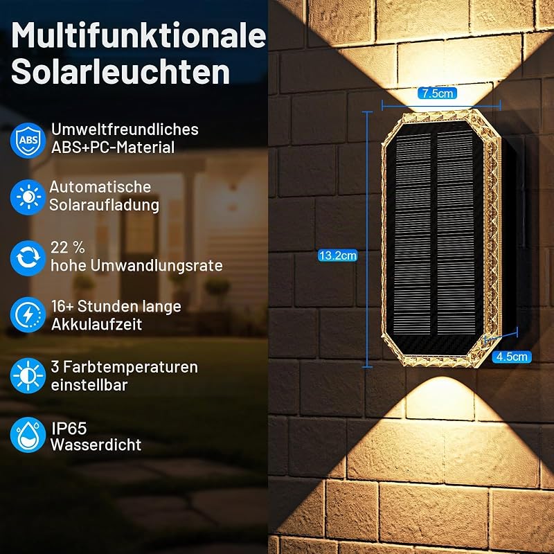Solar Wandleuchte Aussen, 3 Farbtemperatur Solarlampen für Außen IP65 Wasserdicht Solar Aussenleuchte 1200mAH Akku Wandleuchte, Solarleuchten für Aussen Garten, Zaun, Balkon Deko (4 Stück)