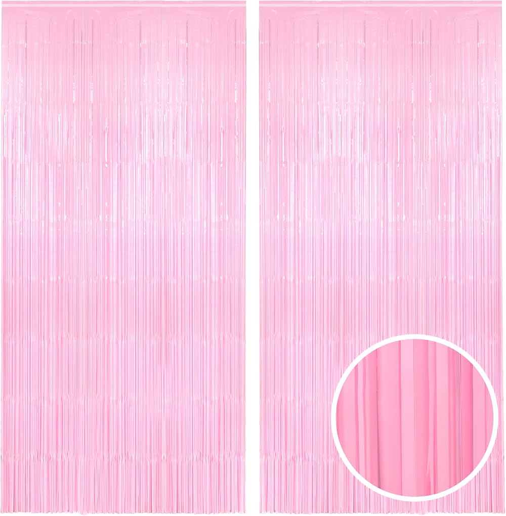 GREATRIL Pastel Pink Foil Fringe Streamers Backdrop 3.2ft x 8.2ft 2 Pack
