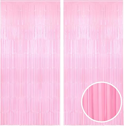 GREATRIL Pastel Pink Foil Fringe Streamers Backdrop 3.2ft x 8.2ft 2 Pack