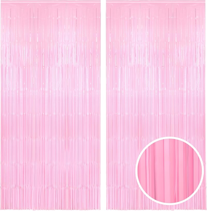 GREATRIL Pastel Pink Foil Fringe Streamers Backdrop 3.2ft x 8.2ft 2 Pack