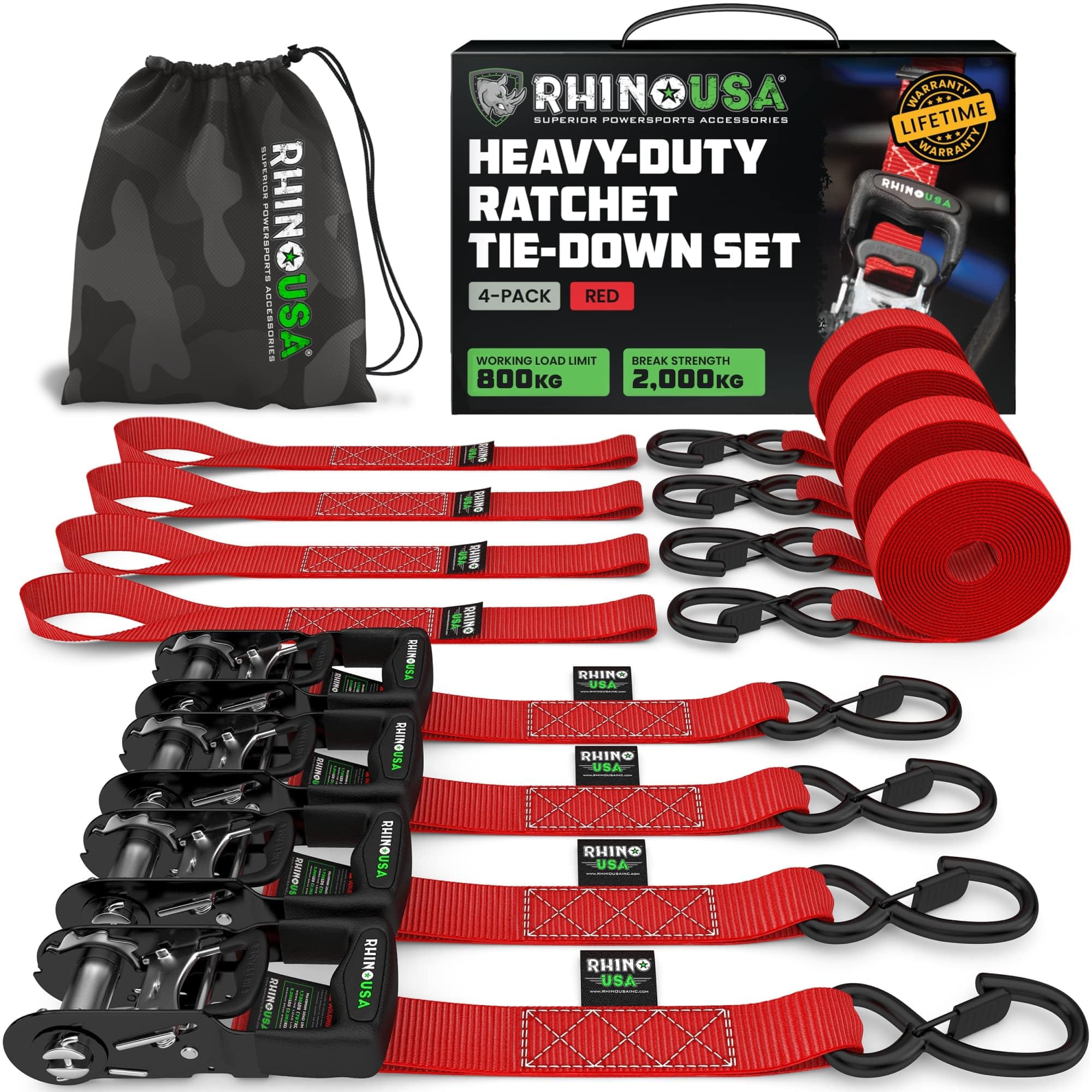 Rhino USA Ratchet Straps Heavy Duty Kit (4-Pack) - 4cm x 2.4m (2,000kg Break Strength) - Ultimate Tie Down Straps with Safety S Hooks for Trucks, ATV, UTV, Motorcycle, Cargo & More - Red
