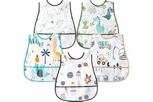 R HORSE 5Pcs Baby Bibs Set Toddler Bibs with Crumb Catcher Pocket & Snap Button Waterproof Baby Feeding Bibs for 6-24 Months