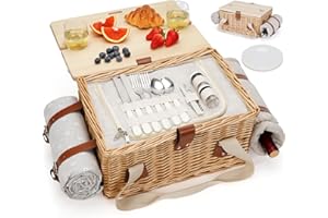 HappyPicnic Picnic Basket for 2, Handmade Wicker Picnic Set with Folding Table and Waterproof Blanket, Large Insulated Picnic Basket with Wine Bag & Cutlery Kit for Picnic, Camping, Holidays (Flower)